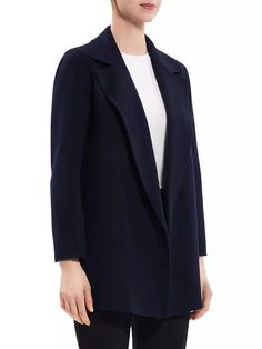 Crafted of double-faced wool and cashmere, Theory's sleek open-front coat showcases polished notch lapels and side on-seam pockets. This relaxed design flaunts an elegant silhouette..Notch lapels.Long sleeves.Side on-seam pockets.Slips on.90% wool/10% cashmere.Dry clean.Imported.SIZE & FIT.About 29' from shoulder to hem.Bust, about 37'.Waist, about 40'.Model measurements: 5'10' tall.Model is wearing a US size Small.Please Note: Compared to the Brand's Size Guide, this style measures true to size..ABOUT THE BRAND.In 2000, founders Andrew Rosen and Elie Tahari launched Theory with a focus on innovative, comfortable stretch pants for women. Since then, the New York-based brand has become well-known for its mastery of polished, well-tailored separates for women and men..Crafted of double-faced Elegant Long Wool Coat With Concealed Fastening, Formal Long Wool Coat With Concealed Fastening, Winter Evening Outerwear With Concealed Front Fastening, Modern Pea Coat With Concealed Placket And Lapel Collar, Luxury Career Blazer, Sleek Outerwear With Concealed Front For Office, Luxury Cashmere Wool Coat For Work, Chic Pea Coat With Concealed Placket For Formal Wear, Sleek Wool Blazer