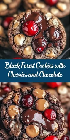 cookies with cherries and chocolate in the middle are stacked on top of each other