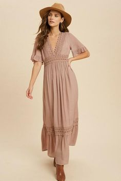 Mauve Dress - Crochet Lace Short Sleeve Dress - Maxi Dress | Boho Pink Flowy V-neck Midi Dress With Lace Trim, Chic V-neck Maxi Dress With Lace Trim, Fitted Maxi Dress With Crochet Trim, Spring Maxi Dress With Lace Sleeves And Floor-length, Spring Floor-length Maxi Dress With Lace Sleeves, Casual V-neck Maxi Dress With Lace Trim, Casual Maxi Dress With Lace Trim, Chic Fitted Maxi Dress With Crochet Trim, Fitted Chic Maxi Dress With Crochet Trim