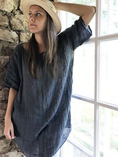 "Soft and gauzy linen tunic top - excellent for layering and as a stylish cover. Lightweight and pleasant to wear in hot summer days. Made from 100% pure, gauzy blue-grey linen. Light and airy with a loose cut for your comfort. An eco-friendly choice. Available also in snow white and khaki green. The top will be custom made for you with great attention to finishing. Each piece is individually cut, sawn and pre-washed. We really love making various sizes - from petit to plus size and more. For th Linen Tops Women, Gray Summer Dress, Plus Size Cover Up, Linen Top Women, Sarong Wrap, Linen Tunic Tops, Gauze Top, Plus Size Tunic, Linen Tops