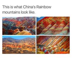 four different views of colorful mountains and valleys