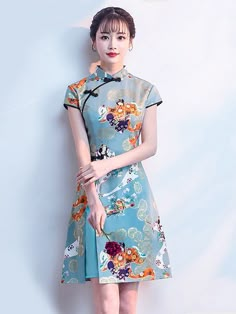 Blue Printed A-Line Qipao / Cheongsam Party Dress Chinese Dresses Pattern, Dress Designing Ideas, Dress Designing, Designing Ideas