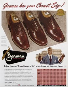 1951 Vintage Jarman Shoes Advertisement 1950s Jarman has your correct size!  Enjoy famous "friendliness of fit" in a choice of smarter styles.  Beautiful leather loafers for men in a wide range of sizes.  I like the smaller illustration by Gugg - very stylish. This vintage Jarman Shoes ad page was published in November, 1951.  The full page measures 10 x 12.75" and has wonderful, vibrant colors.   This cool 1950s men shoes advertisement would make a creative gift for someone who collects vintage 1920s Mens Shoes, Shoes Advertisement, Leather Loafers For Men, 70s Mens Fashion, 1950s Men, 1950s Mens Fashion, Mens Leather Loafers, 1950s Mens, Shoes Ads