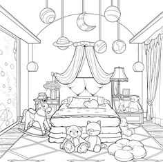 a coloring page with teddy bears on the bed