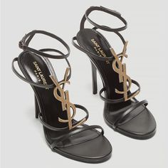 Saint Laurent Cassandra Black Ysl Medallion Stiletto Sandals. 100% Authentic, Purchased From Saint Laurent In Venice, Italy For $1,350.00. Comes With Box, 2 Dustbags, Cards, And Extra Heel Tabs. Size 38 Eu, Fits Like A 7.5-8 Us. In Excellent Condition, Very Light Wear As Shown In Photos. Only Worn Twice. All Condition Is Pictured. Saint Laurent Black Smooth Bovine Leather Sandals With Signature Ysl Monogram Hardware In Bronze Gold Color. 4.33" Stiletto Heel. Open Toe. Branded Leather Insole. Thr Saint Laurent Shoes, Bronze Gold, Stiletto Sandals, Venice Italy, 2 Photos, Stiletto Heel, Leather Sandals, Shoes Women Heels, Stiletto Heels