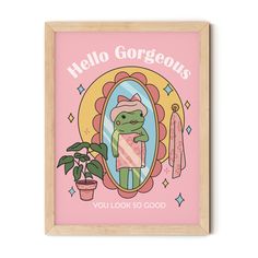 a pink poster with an image of a frog holding a candle and potted plant