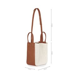 a brown and white bag with measurements for the handles, shoulder straps and bottom zippers