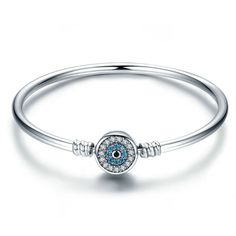 Solid 925 Sterling Silver Snap Clasp Blue Evil Eye Bangle Bracelet Fits Pandora Charms -Detail Material: Solid 925 sterling silver, zircon Weight: 9.3g/ 9.7g/ 10.4g Length: from 17cm/ 19cm/21 cm. Size: Clasp 1.1cmx1.1cm Great gift idea for Christmas, Birthday etc. Go back to the store, click: www.alljewelrysupplies.etsy.com Silver Cubic Zirconia Bangle Charm Bracelet, Silver Cubic Zirconia Charm Bangle, Silver Evil Eye Bracelet With Cubic Zirconia, Silver Cubic Zirconia Evil Eye Bracelet Gift, Elegant Silver Sterling Silver Evil Eye Bracelet, Elegant Silver Sterling Evil Eye Bracelet, Silver Elegant Evil Eye Bracelet, Elegant Silver Evil Eye Bracelet, Evil Eye Bangle