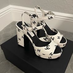 Brand New, With Box Sold Out Everywhere No Return White Chanel Sandals, Designer White Sandals With Heel Strap, High-end Open Toe Summer Sandals, High-end Open Toe Sandals For Summer, Luxury White Platform Heels, Designer High Heel Platform Sandals, Luxury White Sandals With Heel Strap, Luxury White High Heel Sandals, Luxury White Sandals For Party