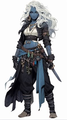 an image of a woman with white hair and blue eyes holding two swords in her hands