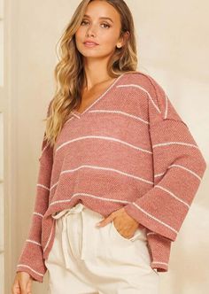 Made in USA Women's Oversized V-Neck Loose Knit Striped Sweater Top in Rust with White Stripes Loose Knit Perfect Sprint Pullover Lightweight Very Soft Comfortable Material Knit Striped Sweater, Layering Sweater, Casual Denim Jeans, Boho Brand, Loose Knit Sweater, Semi Sheer Top, Sweater Layering, Loose Knit Sweaters, Spring Sweater