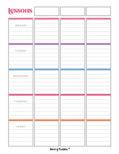 the printable lesson planner is shown in pink, blue and orange stripes on a white background