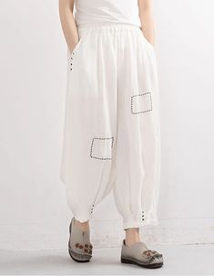 Embroidered Pure Linen Lantern Pants – Gift Shoes Baggy Harem Pants For Beach And Spring, Casual White Non-stretch Harem Pants, Casual Linen Harem Pants For Summer, Non-stretch Linen Harem Pants For Spring, Spring Linen Harem Pants With Pockets, Casual Straight Harem Pants For Summer, Casual Summer Harem Pants, Linen Harem Pants For Summer Beach, Cotton Ankle-length Summer Bottoms