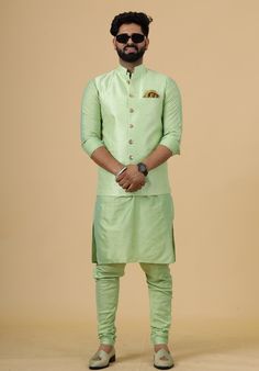 Important Instrucitons : We request you to kindly calculate the processing time of your order  after the mutual confirmation on Bespoke measurements between us has taken place (either via message , e mail or form) "Crafted with Passion in India; loved by men across the USA, Canada, Europe" Product Specifications : Material: Banarasi Silk  Color: Light Green Jacket with Light Green Kurta Pajama Collar type: Mandarin Jawahar Jacket With 6 Buttons in Front Package contents: 1 Half Jodhpuri Jacket + Light Green Kurta For Men, Designer Green Nehru Jacket With Zari Work, Green Nehru Jacket With Zari Work For Designer Wear, Green Chanderi Nehru Jacket Straight Kurta, Green Nehru Jacket In Chanderi Straight Kurta Style, Green Chanderi Nehru Jacket In Straight Kurta Style, Bollywood Style Green Nehru Jacket With Zari Work, Green Bollywood Nehru Jacket With Zari Work, Green Chanderi Sherwani For Diwali