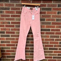 These Are Brand New With Tags! Please Comment If You Have Any Questions! Bmhob100524 Cotton Non-stretch Flare Jeans With Frayed Hem, Distressed Stretch Flare Jeans In Cotton, Distressed Stretch Cotton Flare Jeans, Summer Distressed Pink Jeans, Pink Distressed Summer Jeans, Pink Distressed Jeans For Summer, Trendy Washed Cotton Flare Jeans, Summer Pink Distressed Jeans, Casual Pink Denim Flare Jeans