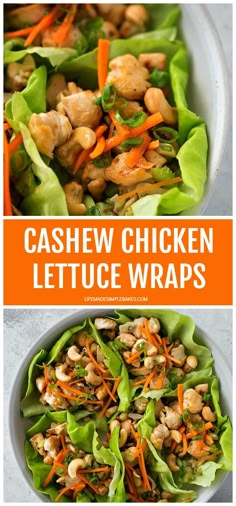 two pictures showing different types of lettuce wraps with cashew chicken and carrots