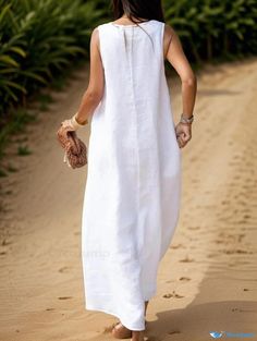 Orcajump - Sleeveless White Linen Blend Maxi Dress with Deep Neckline Non-stretch Sleeveless Beach Dress For Spring, Non-stretch White Maxi Dress For Beach, White Non-stretch Maxi Dress For Beach, White Non-stretch Maxi Dress For Vacation, Non-stretch Maxi Length Sleeveless Dress For Vacation, Sleeveless Maxi Dress For Beach Season, Sleeveless Maxi Dress For Beach Daywear, Sleeveless Beach Season Daywear Dress, Sleeveless Beach Season Dresses For Daywear