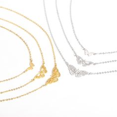 Description:3 Pieces Butterfly Necklace SetSpecifications:Material: stainless steelColors: Gold,SilverSize: 36 cm - 55.5 cm (details as per size chart picture)Weight: 12 g/set Catch everyone's eye with this 3-piece butterfly necklace set! Perfect for any outfit, these unique necklaces offer a playful touch with their fluttering butterfly pendants. Add a whimsical touch to your style with this one-of-a-kind set. Butterfly Necklaces, Jewelry Cute, Butterfly Pendant Necklace, Neck Jewellery, Cute Butterfly, Necklace Craft, Gold Necklace Set, Girl Jewelry, Enamel Bracelet