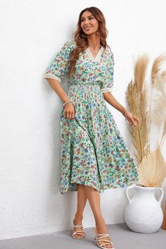 Women Dress Best Short Sleeve Printed Dress – Cloth Arlo Non-stretch Floral Print Maxi Dress With Short Sleeves, Floral Print Non-stretch Short Sleeve Midi Dress, Spring Floral Print V-neck Smocked Dress, V-neck Floral Print Rayon Midi Dress, Multicolor Short-sleeve Floral Dress With Ruffles, Vacation Dresses, Printed Dress, Women Dress, Type A