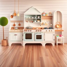 an image of a kitchen setting with white cabinets and wood floors in the middle of it