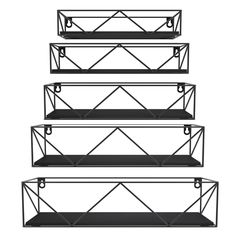 three black shelves with metal frames on each shelf