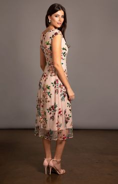 Chiffon Midi Dress Weddings, Spring Wedding Guest Midi Dress With Floral Embroidery, Spring Floral Embroidered Midi Dress For Wedding Guest, Chic Knee-length Floral Embroidery Midi Dress, Chic Knee-length Midi Dress With Floral Embroidery, Feminine Floral Embroidered Midi Dress, Feminine Midi Dress With Floral Embroidery, Feminine Floral Embroidered Midi Dress For Wedding Guest, Fitted Tea-length Midi Dress With Floral Embroidery