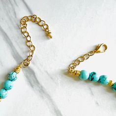 Our Antigua Turquoise Beaded necklace is a breath of fresh air, with brilliant blue hues that are reminiscent of the waters in Antigua. We're now offering in matte gold as well as shiny gold. Etched gold beads offer a striking contrast and we've added some chain so you can adjust the length. Necklace measures 18” in length with lobster clasp closure and is free from cadmium, lead, and nickel. Please note every batch of turquoise varies in color. Bohemian Gold Turquoise Necklace With Polished Beads, Gold Turquoise Necklace With Faceted Beads As Gift, Elegant Hand-strung Turquoise Necklace With Round Beads, Gift-ready Polished Turquoise Bead Necklace, Turquoise Gold-plated Necklace With Adjustable Chain, Turquoise Bead Necklaces, Gold Bead Necklace, Interior Design Business, Breath Of Fresh Air