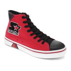 Step up your game with these retro-inspired high-top sneakers. The classic canvas uppers are paired with a durable rubber toe to keep your feet relaxed and to give a stylish nod to our athletic roots. The old-school stitching and bold color blocks give nostalgic vibes and elevated style to any casual look; pair those details with the iconic Starter logo, and you’ll be at peak performance any day of the week. But looking great is only part of the game; these men’s shoes go the extra mile in comfo Retro High-top Sneakers With Vulcanized Sole For Sports, Retro Red High-top Sneakers With Vulcanized Sole, Sporty Red Canvas Shoes For Streetwear, Casual Red Cotton High-top Sneakers, Red High-top Sneakers With Rubber Toe Cap, High-top Skate Shoes With Red Sole, Retro High-top Sneakers For Skateboarding With Rubber Sole, Retro High-top Skateboarding Sneakers With Rubber Sole, Sporty High-top Canvas Shoes With Red Sole