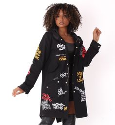 For Her NYC 81782 1 piece Hooded Jacket Colors: Black, Khaki Sizes: S, M, L, XL, 1X, 2X Urban Style Parka For Streetwear In Fall, Oversized Black Long Sleeve Parka, Trendy Hooded Parka For Streetwear, Trendy Streetwear Parka With Double-lined Hood, Trendy Black Windbreaker, Trendy Black Long Sleeve Windbreaker, Trendy Long-sleeved Black Windbreaker, Fall Streetwear Outerwear With Adjustable Hood, Casual Black Outerwear With Adjustable Hood