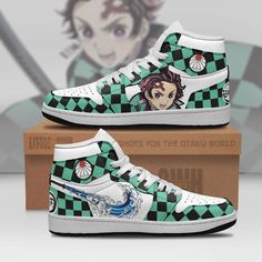 a pair of sneakers with anime characters painted on the upper and bottom, sitting on top of a box