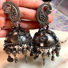 Nwt Huge Gorgeous Mirror Work Oxidized Jhumka Earring Perfect For Traditional Outfits Or For A Pop Of Bohemian Flair For Any Fit Silver Metal Jhumkas With Latkans, Silver Fusion Style Jhumkas With Latkans, Silver Fusion Jhumkas With Latkans, Handmade Silver Jhumkas For Party, Handmade Silver Metal Jhumkas, Silver Fusion Style Metal Jhumkas, Silver Metal Fusion Jhumkas, Silver Metal Fusion Style Jhumkas, Silver Nickel-free Danglers