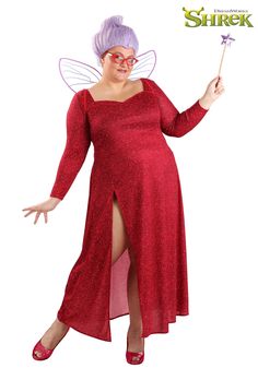 a woman in a red dress and purple hair is dressed as a tinkerbell