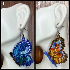 two pictures of the same pair of beaded earrings on a mannequin head