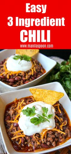 two white plates filled with chili and cheese