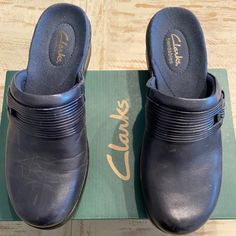 Clarks Slip On Clogs. Navy Blue. New In Box Blue Clogs With Arch Support And Round Toe, Blue Round Toe Clogs With Arch Support, Womens Clarks, Clarks Shoes, Mule Clogs, Mules Shoes, Clogs, Color Blue, Navy Blue