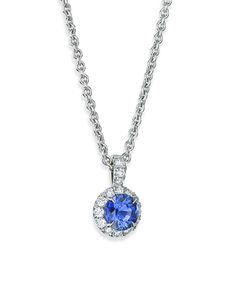 Platinum pendant set with a 1.79 carat round blue sapphire surrounded by 15 round white diamonds (0.39 CTW).Price does not include chain. Platinum Pendant, Sapphire Diamond Pendant, Round Sapphire, Sapphire Pendant, Calming Colors, Stay True, Sapphire Diamond, White Diamonds, Pendant Set