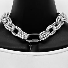 "LARGE CHUNKY CHAIN NECKLACE * Chic and trending chain necklace for a big bold beautiful look. This is extra large chain and LIGHTWEIGHT for comfortable wear all day and all evening. Links are thick, polished, shiny and are highly resistant to tarnishing. Lead and nickel free. - Thick large double linked silver or gold plated aluminum chain, 1\" L x 1/2\" W - Extra large brass screw carabiner, 37mm x 20mm - Stainless steel spike, 13mm - Or gold stainless steel spike, 13mm - Lead, nickel and cadm Silver Adjustable Chain Necklace For Fashion, Trendy Silver Chunky Chain Necklace, Trendy Silver Necklace With Chunky Chain, Silver Chain Link Necklace For Parties, Modern Silver Chunky Chain Necklace, Party Chunky Chain Silver Necklaces, Party Silver Necklaces With Chunky Chain, Silver Chunky Chain Link Necklaces, Silver Chunky Metal Chain Necklace