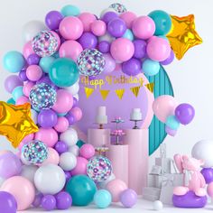 a birthday party with balloons and confetti