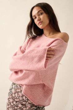 Good Life Exposed-Seam Rolled-Edge Sweater - ShopPromesa Textured Knit Sweater, Half Zip Pullover, Flowy Skirt, Good Life, Textured Knit, Pink Sweater, Discount Code, Drop Shoulder, Aesthetic Clothes