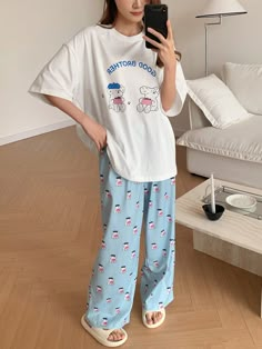 Women's Cute Cartoon Bear & Letter Print Round Neck Short Sleeve White Top And Loose Long Pants Pajama Set White     Cartoon  Non-Stretch Summer Women Sleep & Lounge, size features are:Bust: ,Length: ,Sleeve Length: Comfy Short Outfits, Aesthetic Pajama Set, Pijama Shein, Pijama Cute, Summer Pijama, Cute Pajamas For Women, Cute Pajama Outfits, Cute Pijamas, Cool Pajamas