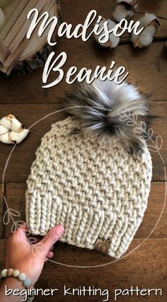 a knitted beanie is shown with the text, madison beanie beginner knitting pattern