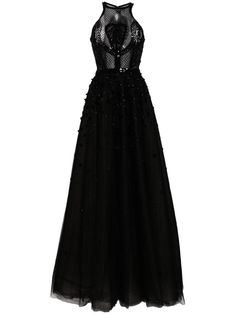 black tulle overlay bead embellishment halterneck sleeveless fitted waistline flared skirt long length Summer Gowns, Saiid Kobeisy, Bead Embellishment, Gown Black, Black Tulle, Skirt Long, Flared Skirt, Fitted Bodice, Flare Skirt