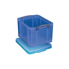 two plastic storage containers sitting on top of each other, one blue and the other clear