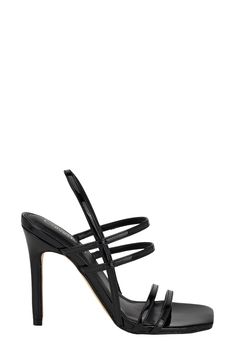 A square-toe pad adds subtle distinction to a stiletto sandal framed by slender, architectural straps. 4" heel Synthetic upper, lining and sole Imported Elegant Strappy Sandals With 4-inch Heel, Sleek Strappy Heels With 4-inch Heel, Strappy Heels With Sculpted Heel For Night Out, Formal Strappy Square Toe Heels, Party Heels With Straps And Square Toe, Formal Square Toe Heels With Straps, Modern Strappy Heels With 4-inch Heel, Evening Heels With Straps And Square Toe, Sleek Ankle Strap Heels With Straps