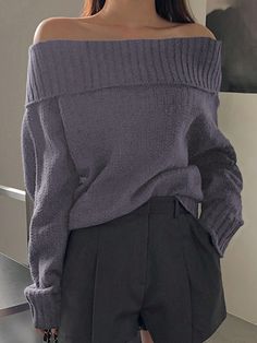 Women Off-Shoulder Solid Color Casual Pullover, Simple & Fashionable For Daily Wear Off Shoulder Sweater Mauve Purple Casual  Long Sleeve Knitwear Plain Pullovers Medium Stretch  Women Clothing, size features are:Bust: ,Length: ,Sleeve Length: Pull Over Sweaters Women, Shoulderless Sweater, Pull Over Sweaters, Korean Fashion Sweater, Women Crew Socks, Mauve Purple, Mini Cami Dress, Ootd Inspo, Off Shoulder Sweater