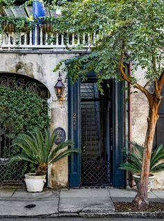 an old building with plants and potted trees on the sidewalk