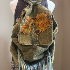 Green Dyed Heavy Cotton Crossbody Bag With Embroidered Sunflowers. Constructed Of Thick Heavy Canvas And Has A Drawstring Clasp With A Flap And Razor Cut Tie Dyed Fringe. Dyed Fringe, Embroidered Sunflowers, Grocery Bags, Tie Dyed, Grocery Bag, Heavy Cotton, Diva, Crossbody Bag, Bag Lady