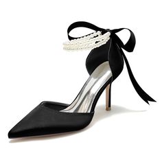 Shop Black Satin Pearl Ankle Strap Pointed Toe Stiletto Heel Lace up Wedding Shoes color Black for Wedding with worldwide Free shipping & Free return. Black Wedding Shoes Bride Heels, Ivory Heels Wedding, Colorful Wedding Shoes, Wedding Shoes High Heels, Lavender Prom Dresses, Prom Dress Trends, Sequin Sandals, Navy Blue Prom Dresses, Prom Dress Shoes