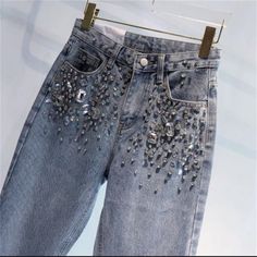 Rhinestone jeans women spring summer Heavy Industry fashion Beads High Waist Loose Straight Casual Denim Blue Straight Leg Jeans With Rhinestones, Denim Blue Rhinestone Straight Leg Jeans, Casual Denim Blue Jeans With Rhinestones, Embellished Denim Blue Straight Leg Jeans, Embellished Straight Leg Denim Blue Jeans, Casual Denim Rhinestone Jeans, Crystal Embellished Denim Jeans, Casual High Rise Jeans With Rhinestones, Casual High-rise Rhinestone Jeans