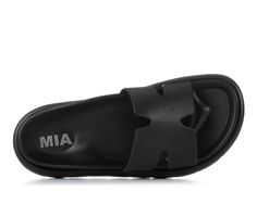 Crafted for all-day comfort, these MIA Bertini Sandals feature a convenient slip-on design, making them the ideal choice for hassle-free summer days. The cushioned insole ensures a pleasurable experience with each step, providing support that allows you to confidently navigate your daily adventures. Open toe, Slip-on for easy entry, Flexible and lightweight construction, Textured outsole provides traction, Cushioned footbed for exceptional comfort and support | Women's MIA Bertini Sandals in Bla Slip-on Sandals With Rubber Sole, Ortholite Insole Slip-on Sport Sandals For Summer, Summer Closed Toe Slippers With Ortholite Insole, Slip-on Eva Sandals With Textured Footbed, Eva Slip-on Sandals With Textured Footbed, Summer Slides With Ortholite Insole And Round Toe, Summer Flat Slippers With Ortholite Insole, Adjustable Slippers With Ortholite Insole For Summer, Eva Slide Sandals With Rubber Sole